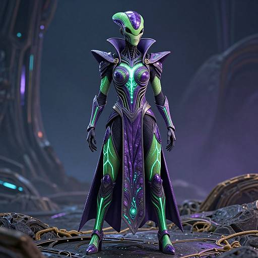 CGI image of a futuristic, green-skinned alien warrior in glowing purple and green armor, standing in a dark, sci-fi landscape.