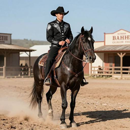 Photograph of a man in a black cowboy uniform and hat riding a black horse in a dusty Western town, with 