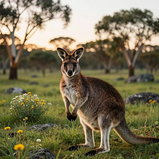 Photograph of a kangaroo standing in a grassy meadow at sunset, surrounded by yellow flowers, rocks, and trees in the background.