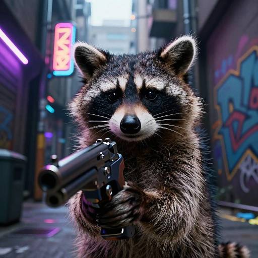 CGI photograph of a fierce raccoon with a pistol, standing in a neon-lit, graffiti-covered urban alley at night.