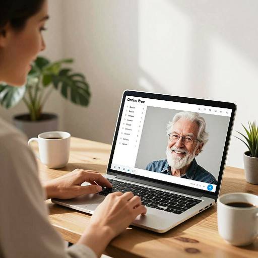 Photograph of a woman typing on a laptop, displaying an elderly bearded man's smiling face on a video call. Bright room, wooden table,