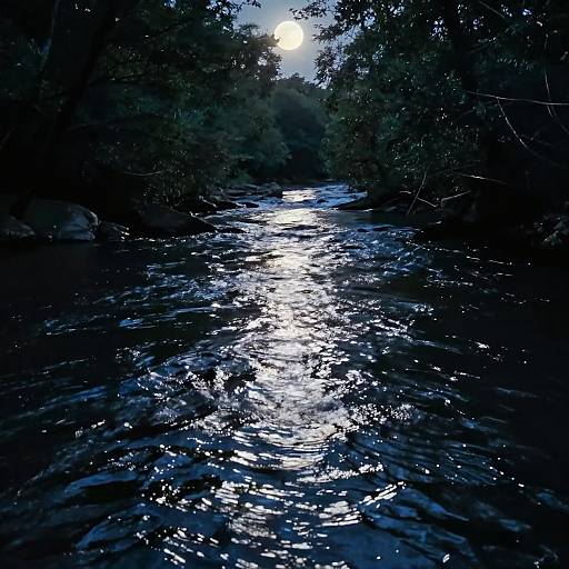 Moonlit River Reflection in Forest