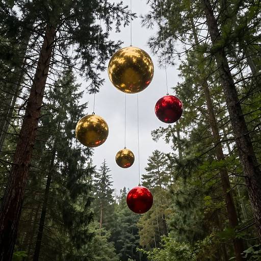 Photograph of large, metallic gold and red Christmas ornaments hanging from strings amidst a dense, tall evergreen forest canopy.