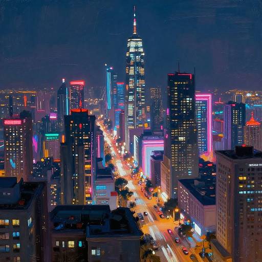 Photograph of a vibrant, neon-lit cityscape at night, featuring a tall, illuminated skyscraper in the center with brightly colored lights and bustling