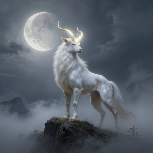 Digital fantasy artwork of a white, glowing, horned wolf standing on a misty cliff under a full moon in a dark, cloudy night sky.