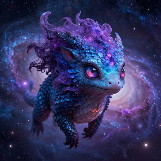 Digital artwork of a blue, scaly, dragon-like creature with purple, flowing hair and glowing pink eyes, floating in a vibrant, cosmic galaxy background