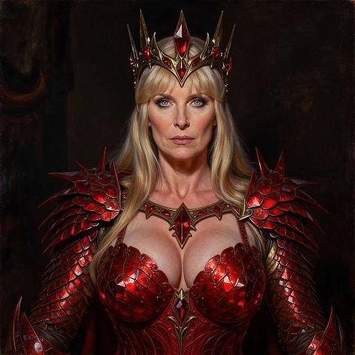 Digital art of a blonde, blue-eyed queen with large breasts, wearing red, spiked, metallic armor and crown, against a dark background.