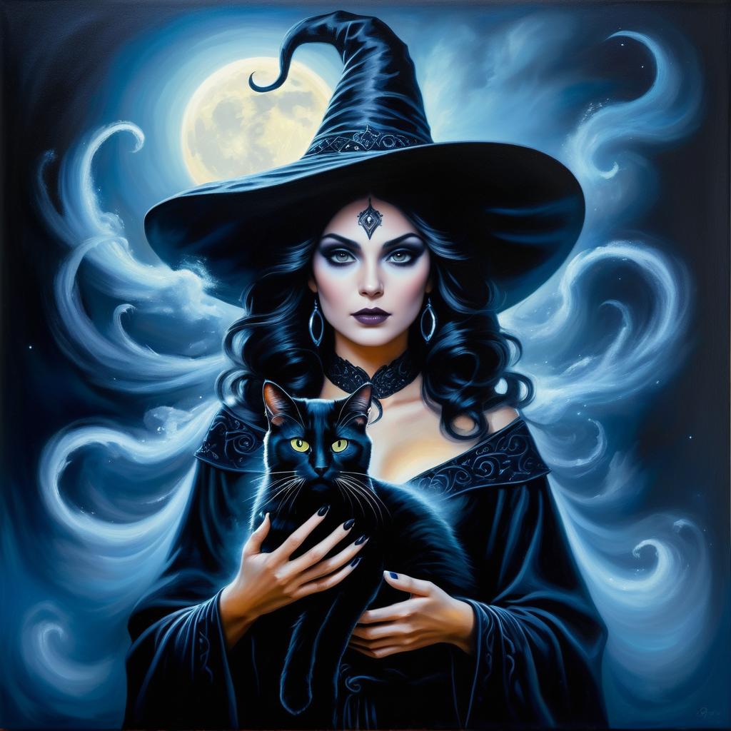 Surreal Black Cat Sorceress in Moonlight