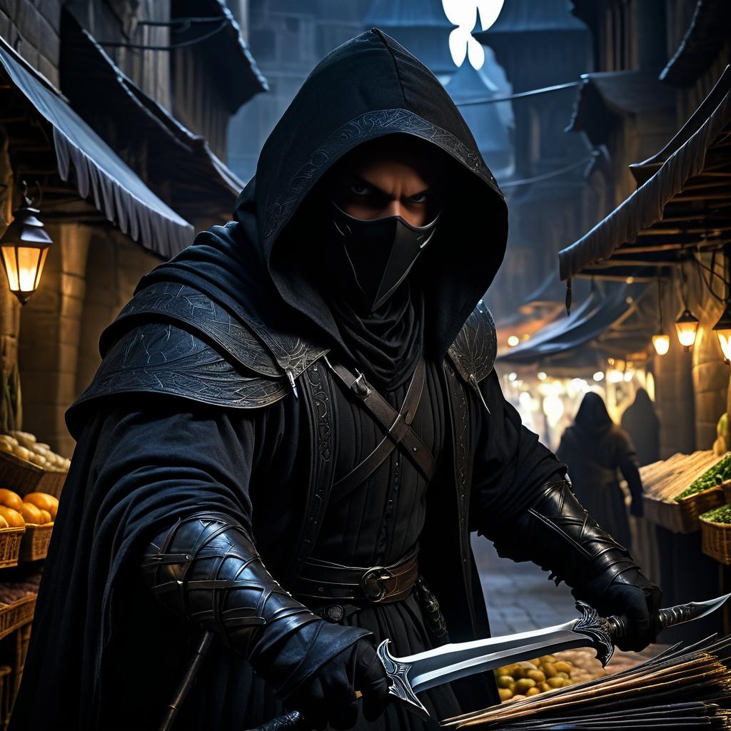 Dark Fantasy Assassin in Bustling Marketplace