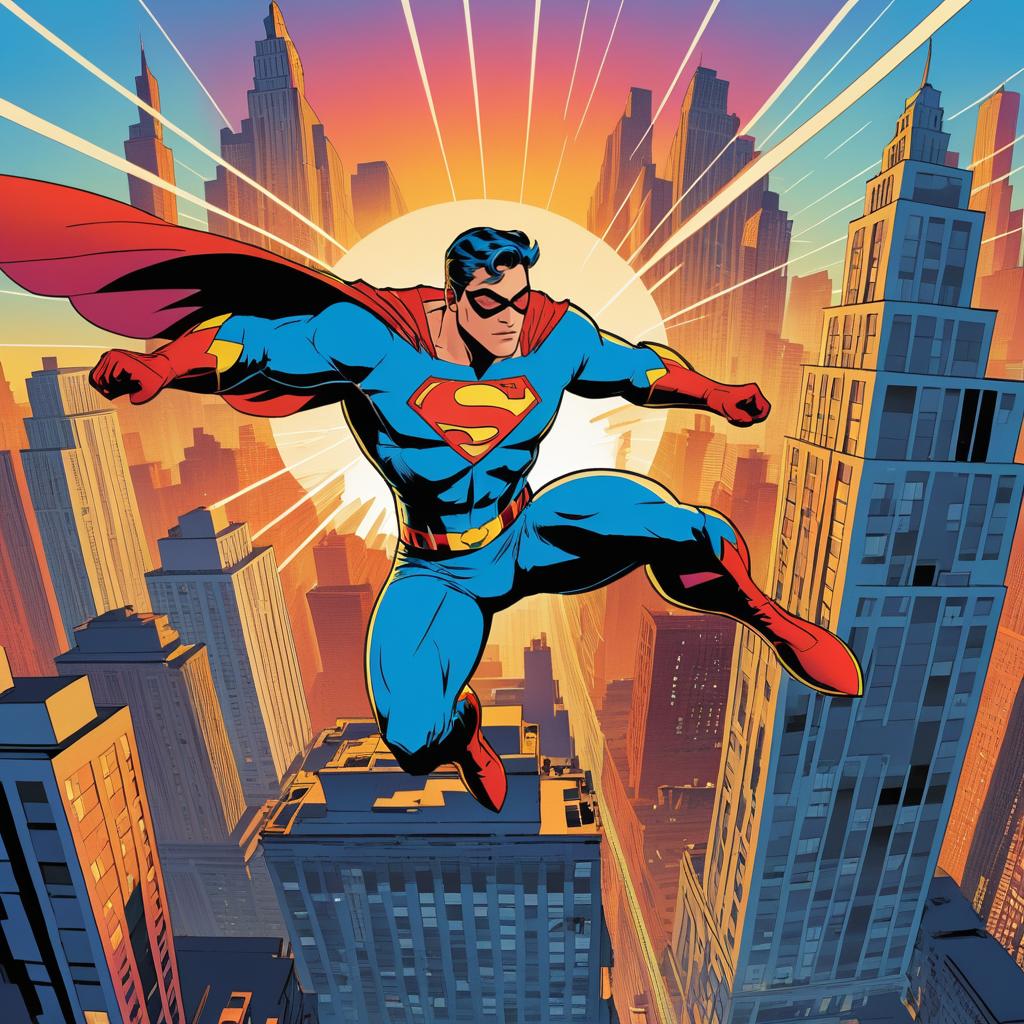 Vintage Superhero Soaring Above Cityscape