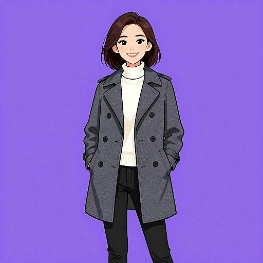 Digital anime-style drawing of a smiling woman with short brown hair, wearing a gray double-breasted coat, white turtleneck, and black pants,
