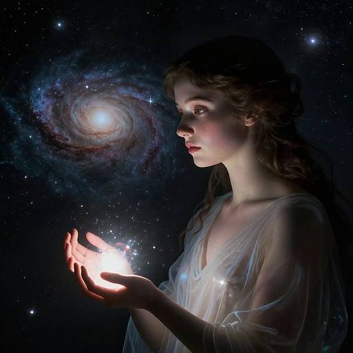 Digital artwork: Ethereal woman with wavy brown hair in translucent white gown, holding glowing star in dark, starry space with spiral galaxy in background