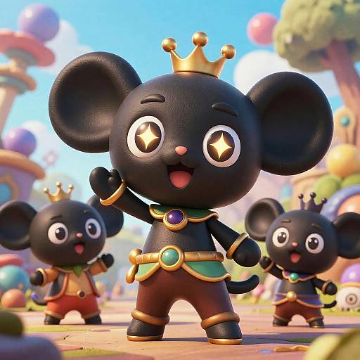 CGI image of three cute, black, cartoon mouse children with golden crowns and colorful jewelry, standing in a vibrant, whimsical outdoor setting with