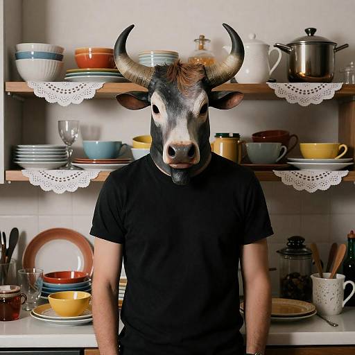 Bull-Masked Figure in Cluttered Kitchen