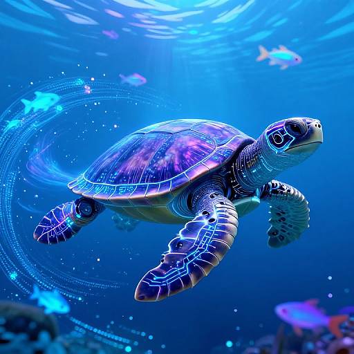 Digital artwork of a vibrant, glowing sea turtle swimming underwater, surrounded by blue light patterns, glowing fish, and abstract swirls.