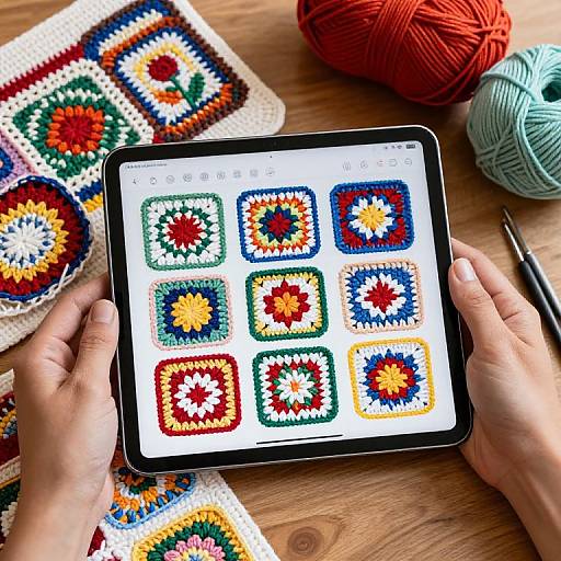 Photograph of hands holding a tablet displaying colorful crochet patterns, surrounded by yarn and crochet projects on a wooden table.