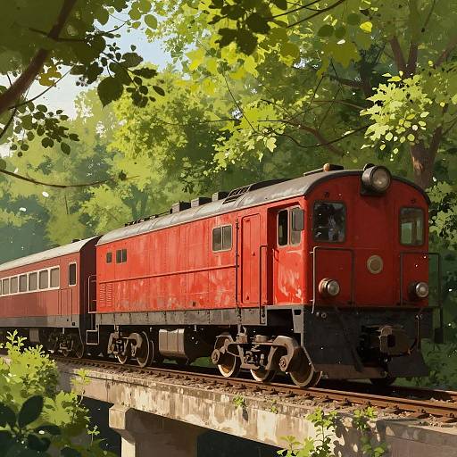 Red Vintage Train Under Concrete Bridge
