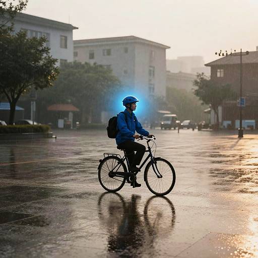 Rainy Urban Plaza with Bicycle Courier