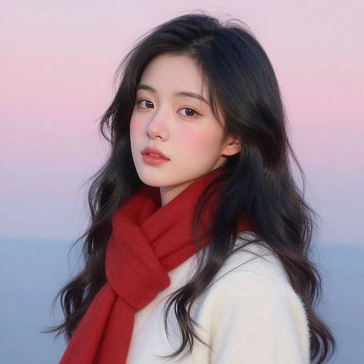 Photograph of an Asian woman with long, wavy black hair, fair skin, and soft pink lips, wearing a white sweater and red scarf,