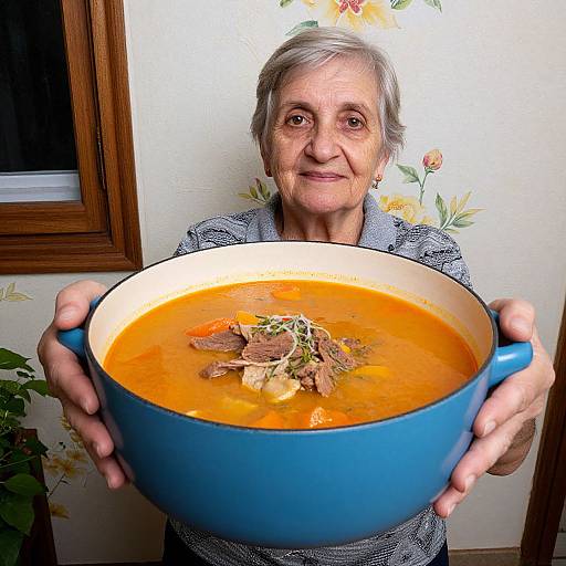 An elderly woman with short gray hair, wearing a patterned shirt, smiles while holding a blue bowl of orange soup with meat and herbs, against a