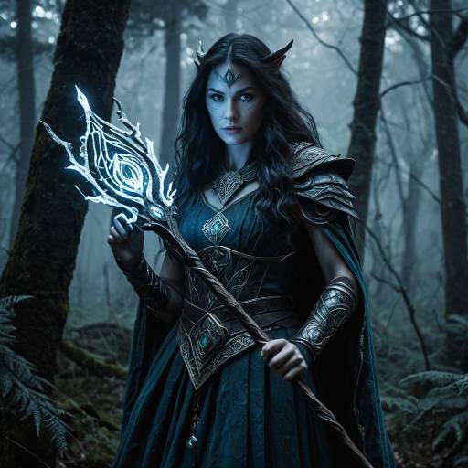 Fantasy Sorceress in Dark Mystical Forest