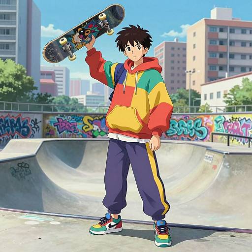 Anime-style drawing of a young boy with black hair, wearing a colorful hoodie and pants, holding a skateboard in a graffiti-covered urban skate park with city