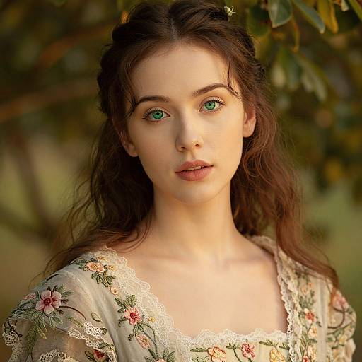 Photograph of a young woman with green eyes, long brown hair, and fair skin, wearing a floral lace dress, standing in sunlight with a blurred