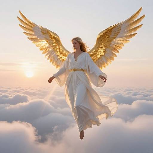 Serene Angelic Figure with Golden Wings Above Clouds