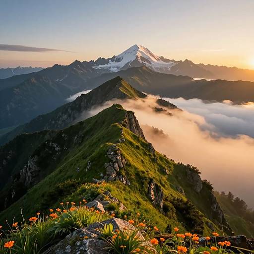 Photograph of a sunrise over a mountain peak, with green hills, orange wildflowers, and mist-covered valleys in the foreground.