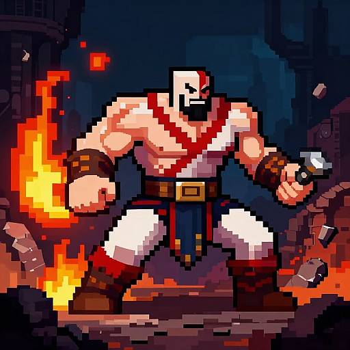 Pixel art of a muscular, bald, white-skinned warrior with a red sash, holding a knife and fireball, standing amidst ruins.