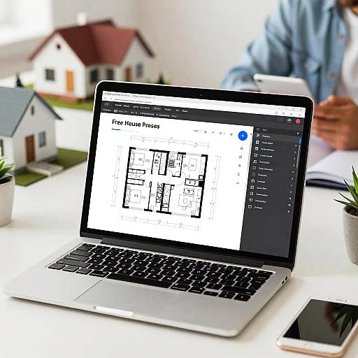 Photograph of an open silver laptop displaying floor plan software, surrounded by miniature house models and a person in a blue shirt.