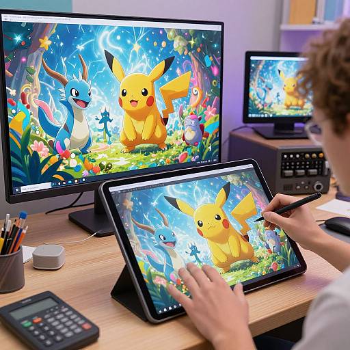 Photograph of a person with curly hair, drawing vibrant, colorful digital art of Pikachu and Totodile on two screens and a tablet, with a