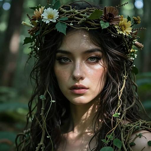 Photorealistic digital portrait of a fair-skinned, dark-haired woman with a flower and vine crown, set in a dimly lit forest.