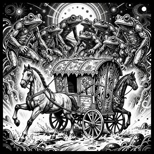 Black-and-white, highly detailed, surreal drawing of a chaotic scene featuring a horse-drawn carriage surrounded by dynamic, exaggerated figures in medieval attire.