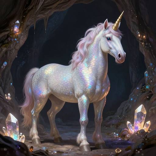 Digital artwork of a shimmering white unicorn with a golden horn, standing in a dark, mystical cave surrounded by glowing crystals.