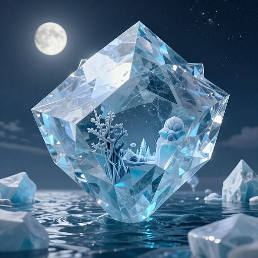 Photorealistic CGI of a large, transparent, crystalline cube with intricate ice patterns inside, floating on a moonlit, starry night sea,