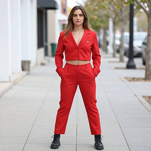 Photograph of a confident woman with long brown hair, wearing a red crop jacket and pants, black boots, standing on a city sidewalk with blurred background