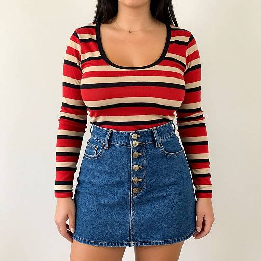Photograph of a woman with long black hair, wearing a red and white striped long-sleeve top and blue denim skirt with gold buttons, against