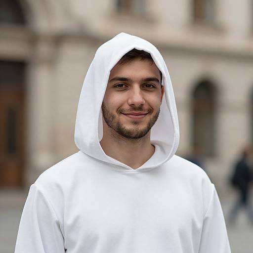 Photograph of a young man with a trimmed beard, brown eyes, and light skin, wearing a white hooded sweatshirt, smiling, standing in