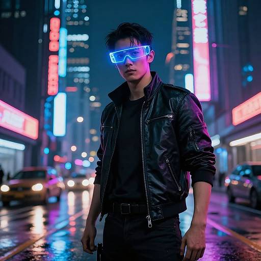 Cyberpunk street scene: Asian man with black leather jacket, neon blue visor, and black shirt stands in a neon-lit, rainy city