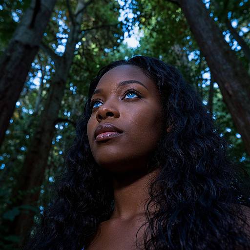Photograph of a dark-skinned woman with long, wavy black hair, gazing upward in a dense, sunlit forest. Her bright blue