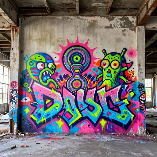 Vibrant, psychedelic graffiti on a weathered concrete pillar in an abandoned, sunlight-filled industrial building. Bright colors, bold shapes, and surreal figures