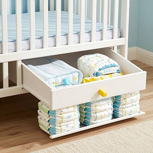 Photograph of a white crib with an under-crib storage unit holding stacks of diapers and a patterned diaper on top.