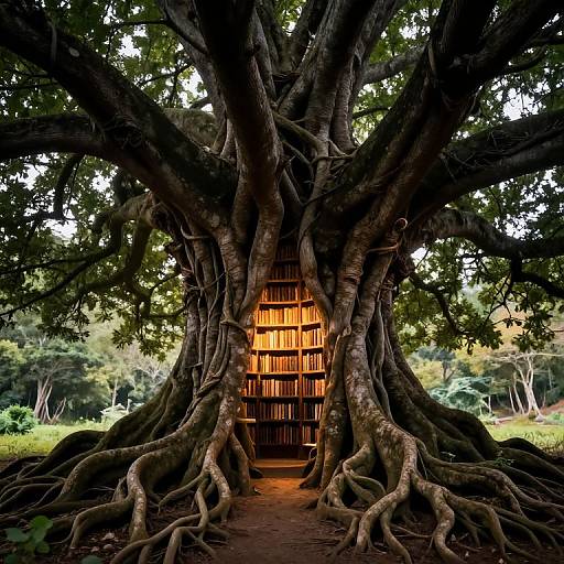 Photograph of a massive, ancient tree with thick, twisted roots framing a wooden bookshelf filled with glowing yellow books, set in a lush, green