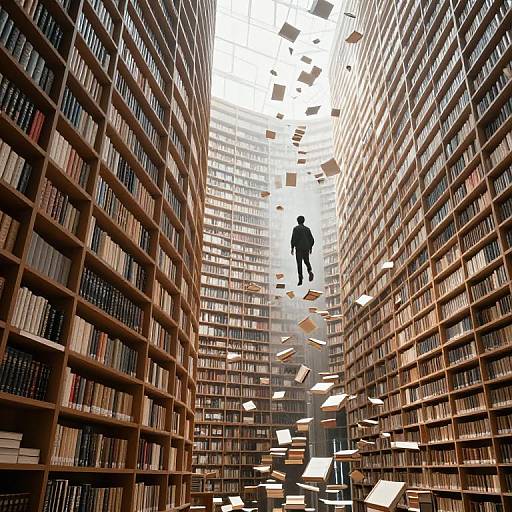 Photograph of a vast, towering library with wooden bookshelves, a silhouette of a person falling upwards amidst floating books.