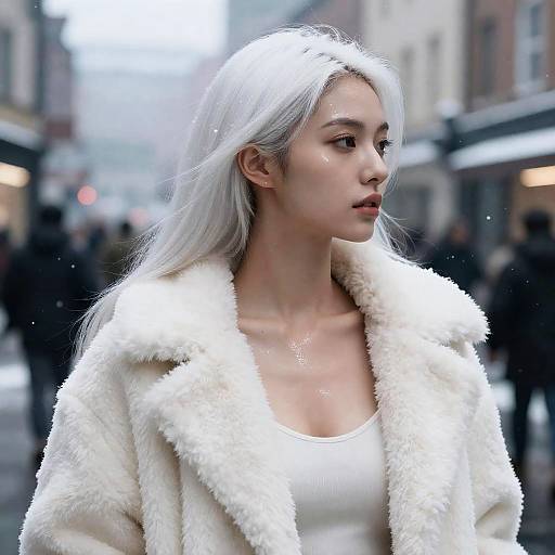 Woman in White Plush Coat Walking in Snowy City