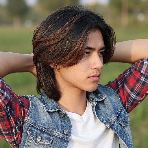 Photograph of an Asian man with medium-length black hair, wearing a red plaid shirt under a denim vest, arms raised, serious expression, green