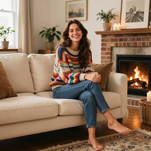Cozy Smiling Woman in Warm Living Room