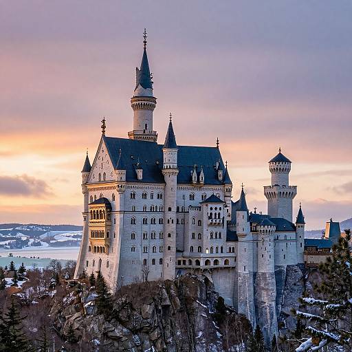 Photograph of a towering, medieval-style castle with multiple turrets, set against a pink and orange sunset sky, surrounded by snow-covered mountains and forest