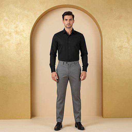 Photograph of a handsome man with short dark hair, black button-up shirt, gray slacks, and black shoes, standing in a golden arched